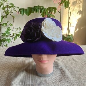 Chic Purple Hat with Purple and Cream Velvet Floral Accents